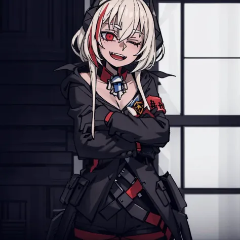1girl,black background,cowboy shot,looking at viewer,
<lora:Helltaker:0.6>,<lora:Sopmod:1>,SopmodMOD,mod3 \(girls' frontline\),long coat,black jacket,black shorts,thigh boots,red belts,black thighhighs,armor around neck,single armband,happy,close one eyes,open mouth,arms crossed over the chest,canines,