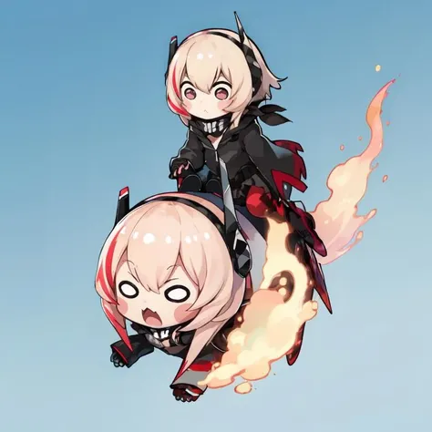 (masterpiece, best quality:1.2), illustration, 1girl, solo, (SopmodJR, chibi, 0_0, black jacket, black skirt, no eyes), <lora:LoRA:1.3> riding