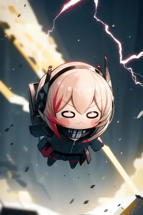 (masterpiece, best quality:1.2), illustration, <lora:add_detail:0.3> 1girl, solo, SopmodJR, chibi, 0_0, black jacket, black skirt, no eyes, <lora:LoRA:1.2> lighting, motion blur, electricity, <lora:Superspeed_running:0.6>