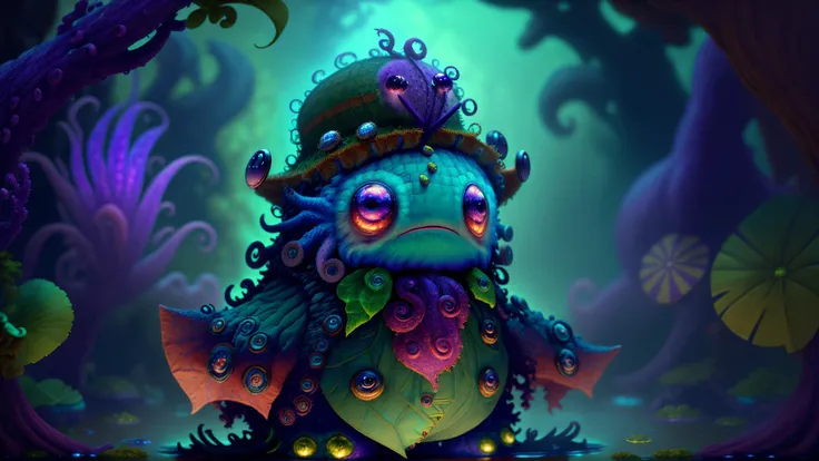 <lora:style-KonyCuteCreatures:1> <lora:epi_noiseoffset2:1> cu73cre4ture cute (green:1.2) blue purple cthulhu moss monster (wearing an admiral's hat and suit:1.2) in a swamp, tentacles, insane details, intricate details, extreme detail, highest detailed, high detail, hyperdetailed, ultradetailed, colorful, beautiful, hdr, photorealistic, highres, ultra high res, absurdres, photography