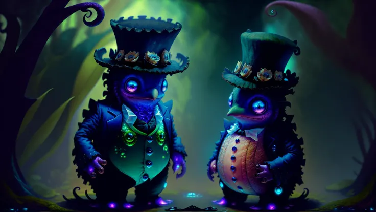 <lora:style-KonyCuteCreatures:1> <lora:epi_noiseoffset2:1> cu73cre4ture cute (green:1.2) blue purple cthulhu moss monster (wearing a black top hat and suit:1.2) in a swamp, tentacles, insane details, intricate details, extreme detail, highest detailed, high detail, hyperdetailed, ultradetailed, colorful, beautiful, hdr, photorealistic, highres, ultra high res, absurdres, photography