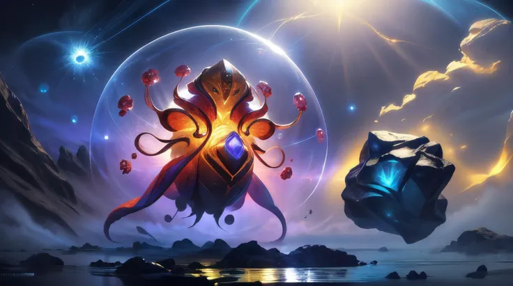 (masterpiece, best quality, fullscreen), [(full body:1.1)::0.2] (photo of an microscopic [Carnivorous::0.3] [magical being:creature:0.4]:1.3), (Victorian Tendril-laden body with Tendril-laden head and with several Padded Appendages:1.2), (bioluminescent glowing Etched skin:1.5), (Americium and Krypton atoms Whipping all around the creature:1.5), (Elongated:1), (Sculpted Quadriceps:1.2), (looking at the viewer:1.3), (Elemental Burst, Dynamic motion to release elemental power:1), (Embarrassment expression), (background in the quantum world with Particle Systems and Twinkling lights:1.1), ([Quantum Lights|Ethereal Light]), (Twinkling atmosphere:1.5), (<lora:EFFECT forcefield-10:0.4> forcefield:1.3), <lora:EFFECT telekinesis-10:0.5> ((telekinesis)), (floating rocks:1.4), , , <lora:MONSTER CuteCreatures:0.4> Cu73Cre4ture, , <lora:LIGHT NOISEOFFSET_V2_BY_STABLE_YOGI:0.6> rim lighting, <lora:QUALITY kkw-better-v1.0a:0.9>, <lora:QUALITY add_detail:0.7>, (Full body Shot, Shallow Focus Shot, Low Angle Shot:[1.2:0.5:0.1]), heavily detailed, , (sharp focus), <lora:EFFECT Magic card fakemtg_label:1> fakemtg, tricate, elegant, highly detailed, wonderful eyes, sweet, digital painting, artstation, concept art, smooth, sharp focus, illustration, art by Gerald Brom and ZdzisÅaw BeksiÅski and Henry Meynell Rheam and ZdzisÅaw BeksiÅski