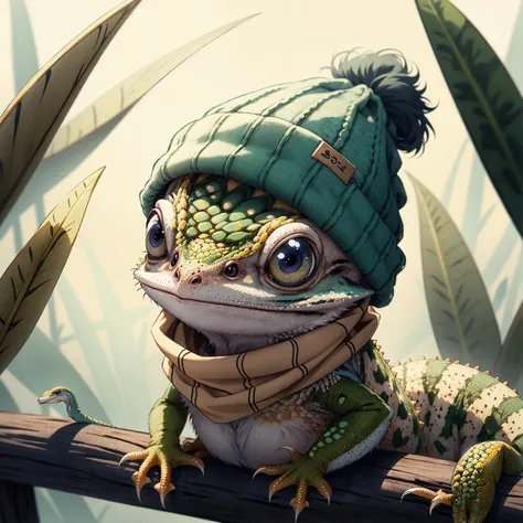 Cu73Cre4ture, gecko wearing a scarf and a beanie
<lora:CuteCreatures:0.8>