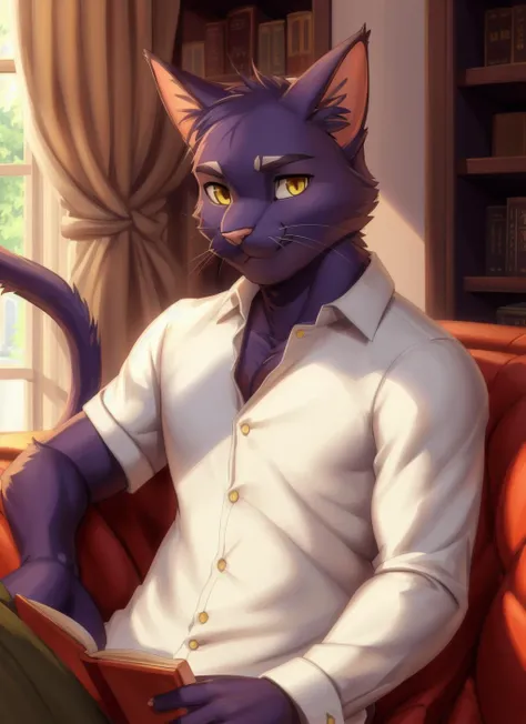 <lora:shin-09:1>, shin kuroi, smile, yellow eyes, full body, mansion, shirt, pants, solo, cat, snout, feline face, detailed eyes, cat tail, whiskers, by zackarry911, by zaush, (by personalami:0.5), (soft shading), 4k, hi res, crossed arms, hands on the hips, sitting, on couch, sitting on couch, reading, book