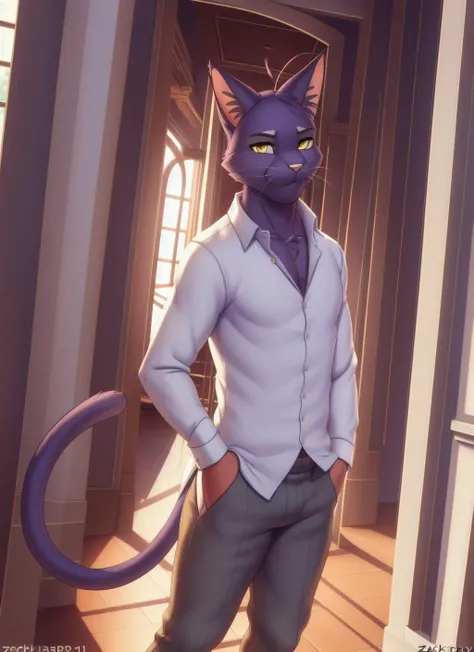<lora:shin-09:1>, shin kuroi, smile, yellow eyes, full body, mansion, shirt, pants, solo, cat, snout, feline face, detailed eyes, school, school hallway, cat tail, whiskers, by zackarry911, by zaush, (by personalami:0.5), (soft shading), 4k, hi res,