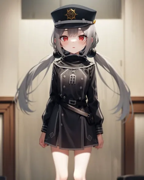 1girl, roze, red eyes, grey hair, petite, low twintails, long hair, black military uniform, peaked cap,
indoors, military base,
<lora:rozev2-000006:1>