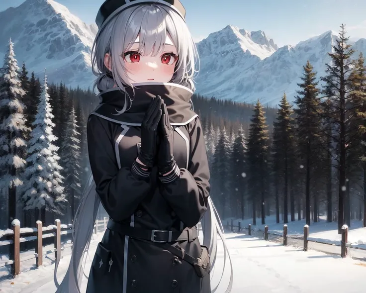 masterpiece, best quality, extremely detailed 8k cg unity wallpaper, outdoors, snow-capped evergreen trees, switzerland mountain background,
solo, roze, grey hair, red eyes, low twintails, winter clothes, jeans, knitted winter hat, scarf, blush, petite, gloves, hands together,

<lora:rozev2-000006:1>