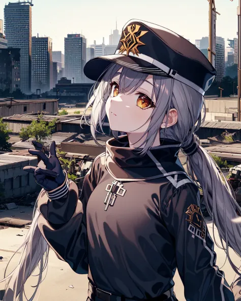 masterpiece, best quality, extremely detailed 8k cg unity wallpaper, outdoors, ruined city,
1girl, roze, grey hair, pleated cap, small breasts, low twintails, long hair, black military uniform, looking up at viewer, bored, expressionless,

<lora:rozev2-000006:1>