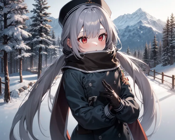 masterpiece, best quality, extremely detailed 8k cg unity wallpaper, outdoors, snow-capped evergreen trees, switzerland mountain background,
roze, grey hair, red eyes, low twintails, winter clothes, jeans, knitted winter hat, scarf, blush, petite, gloves, hands together,
<lora:rozev2-000006:1>