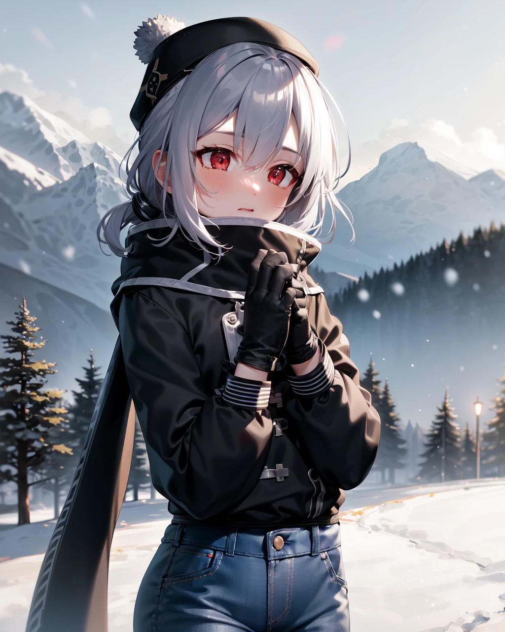 masterpiece, best quality, extremely detailed 8k cg unity wallpaper, outdoors, snow-capped evergreen trees, switzerland mountain background,
solo, roze, grey hair, red eyes, low twintails, winter clothes, jeans, knitted winter hat, scarf, blush, petite, gloves, hands together,
<lora:rozev2-000006:1>