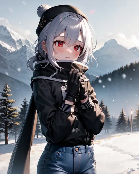 masterpiece, best quality, extremely detailed 8k cg unity wallpaper, outdoors, snow-capped evergreen trees, switzerland mountain background,
solo, roze, grey hair, red eyes, low twintails, winter clothes, jeans, knitted winter hat, scarf, blush, petite, gloves, hands together,

<lora:rozev2-000006:1>