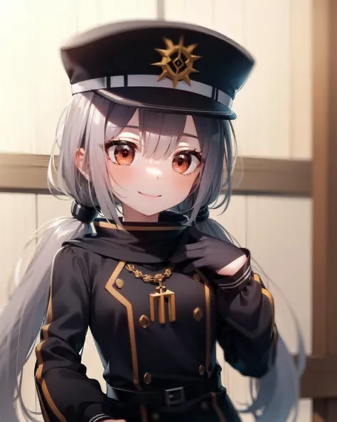 1girl, roze, red eyes, grey hair, petite, low twintails, long hair, black military uniform, peaked cap, cute, smile,
indoors, military base,
<lora:rozev2-000006:1>