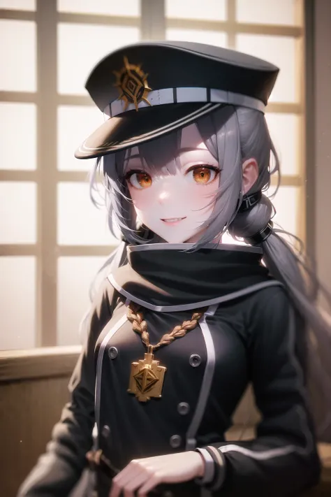 (backlighting), realistic, masterpiece, highest quality, lens flare, shade, bloom, [[chromatic aberration]], by Jeremy Lipking, by Antonio J. Manzanedo, digital painting,

absurdres, 1girl, roze, red eyes, grey hair, petite, low twintails, long hair, black military uniform, peaked cap, cute, smile, indoors, military base,

 <lora:Roze:1>
