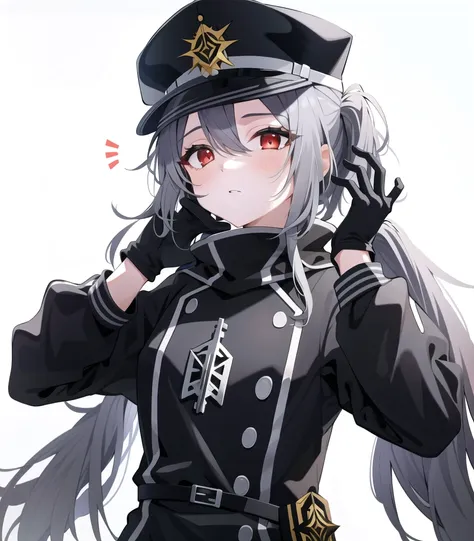 masterpiece, best quality, 1girl, <lora:skyStrikerAceRozeYGO_v2E6:1>, roze, grey hair, red eyes, low twintails, long hair, black military uniform, peaked cap, gloves