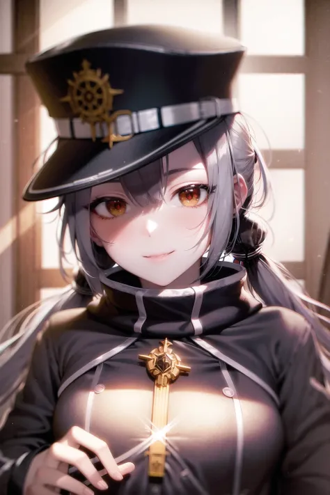 (backlighting), realistic, masterpiece, highest quality, lens flare, shade, bloom, [[chromatic aberration]], by Jeremy Lipking, by Antonio J. Manzanedo, digital painting,

absurdres, 1girl, roze, red eyes, grey hair, petite, low twintails, long hair, black military uniform, peaked cap, cute, smile, indoors, military base,

 <lora:Roze:1>