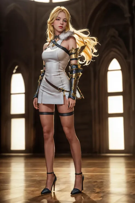 highres,absurdres,masterpiece,best quality,original,extremely detailed CG,extremely detailed wallpaper,perfect lighting,looking at viewer,bare hands,standing on stage,1girl,blurry background,
<lora:shane-10SSM:0.7>, shane,blond hair,long hair,heterochromia,short dress,single shoulder pad,fur trim,armor,arm bands,thigh highs,heels,