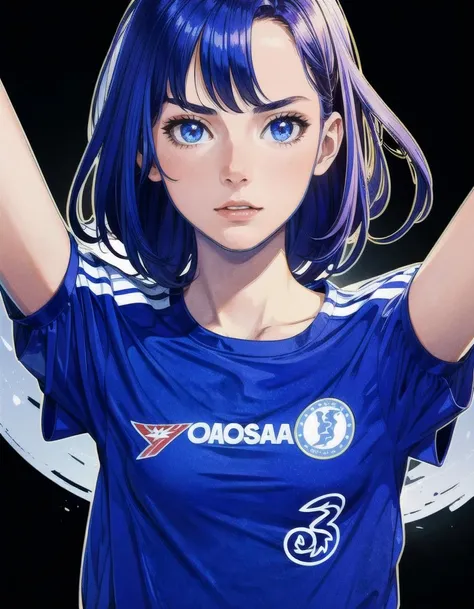 masterpiece, (1girl, girl wearing a <lora:Chelsea_Shirt:1> chelsea shirt), in a soccer field, woman, female, watching viewer, action shot, detailed eyes, very vivid lighting, detailed, (vibrant, photo realistic, realistic, dramatic, dark, sharp focus), <lora:add_detail:0.8>, <lora:hotarublurbk_v100:-1>