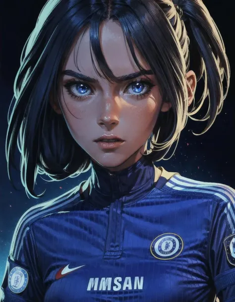 masterpiece, (1girl, girl wearing a <lora:Chelsea_Shirt:1> chelsea shirt), in a soccer field, woman, female, watching viewer, action shot, detailed eyes, very vivid lighting, detailed, (vibrant, photo realistic, realistic, dramatic, dark, sharp focus), <lora:add_detail:0.8>, <lora:hotarublurbk_v100:-1>