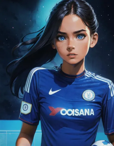 masterpiece, (1girl, girl wearing a <lora:Chelsea_Shirt:1> chelsea shirt), in a soccer field, woman, female, watching viewer, action shot, detailed eyes, very vivid lighting, detailed, (vibrant, photo realistic, realistic, dramatic, dark, sharp focus), <lora:add_detail:0.8>, <lora:hotarublurbk_v100:-1>