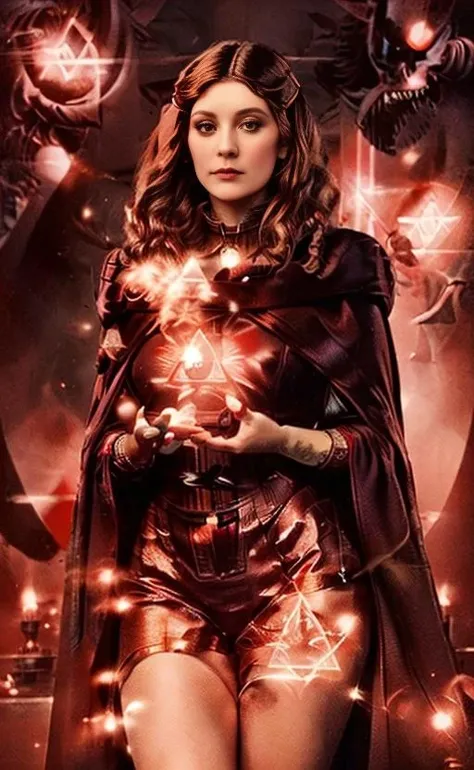 A poster advertising a a woman in a red cloak holding a glowing object in her hands with a red background and a triangle in the middle of the image. (masterpiece:1.3), (best quality:1.1), highly detailed, 1girl. victorian_esoteric <lora:victorian_esoteric:1>. <lora:Scarlet_W:0.5>