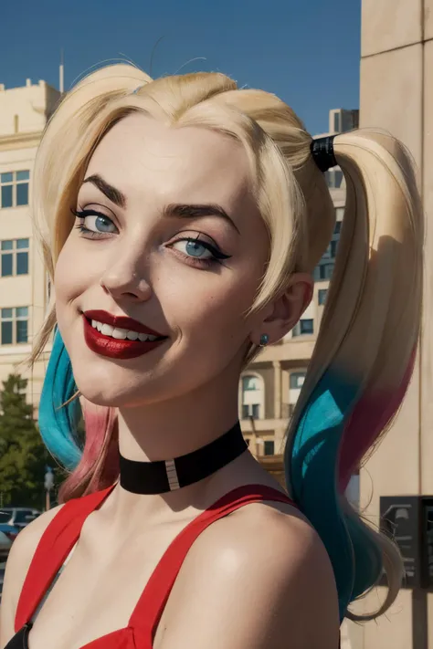 harleyquinn, blue eyes, makeup, eye shadow, blonde hair, twin tails, multicolored hair, medium breasts, crop top, looking at viewer, smiling, close up, outside, cityscape, blue sky, high quality, masterpiece, <lora:harleyquinn:.6>