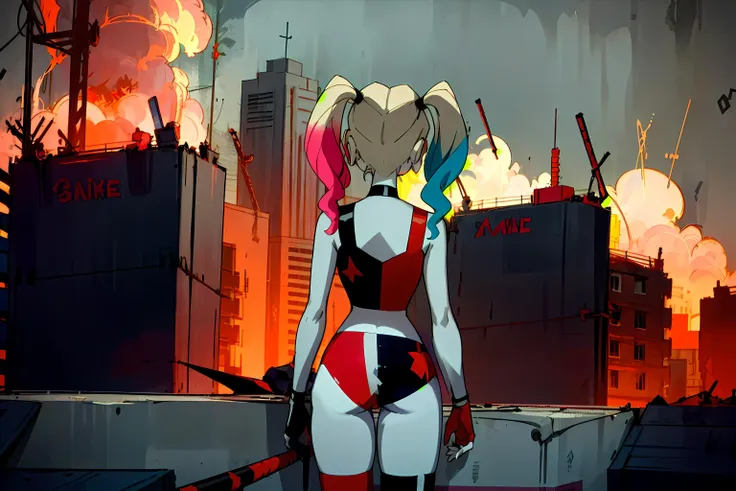 1girl, solo, <lora:harleyquinn-10:0.8> harleyquinn, from behind, standing, rooftop, scenery, burning city, skyscrapers, red and gray sky, highly detailed, 8k, uhd