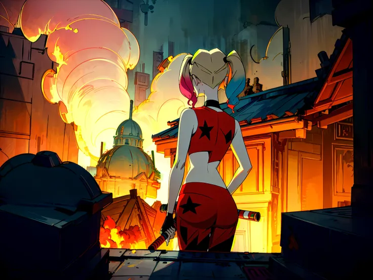 illustration, 1girl, <lora:harleyquinn:0.8> harleyquinn, from behind, standing, rooftop, burning city in background, intricate details, highly detailed, detailed background, 8k, high quality, best quality, uhd, masterpiece