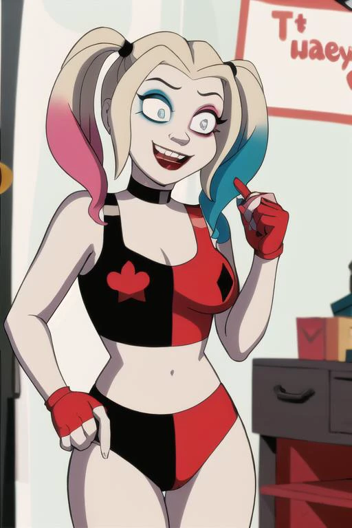 Harley Quinn, medium breasts, small ass, pale skin, Detailed fingers, beautiful woman, detailed face, masterpiece, absurd, blonde hair, twin tails, sexy, full naked body, nude body, smiling, looking on viewer, shy, pussy, Mouth open, squatting