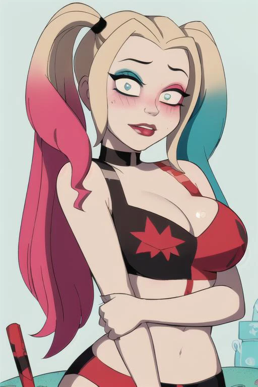 Masterpiece, Best Quality, hiquality, 1girl, 独奏, Harley Quinn, twintails, Smile, blue eyes, blonde hair, jacket, Multi-colored clothes, Blue hair, looking a viewer, makeup, multi-colored hair, multi-colored jacket, Simple background, Shirt, blue background, open jacket, upper-body, earings, Gradient hair, Jewelry, revealing clothes, 鎖骨, hairlong, red-lips, blue jacket, red jacket, red hair, lipstick, long sleeves, multi-colored shirt, pink hair, Writing clothes MegaMilk, upper-body, (Huge-breasts:1.4)