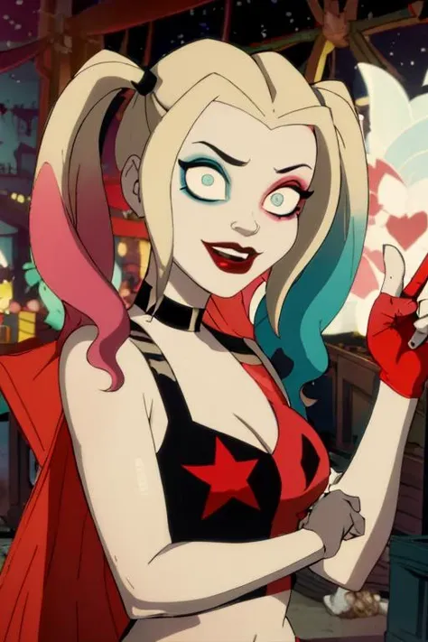 (8k uhd, masterpiece, best quality, high quality, absurdres, ultra-detailed), 1girl, <lora:harleyquinn:0.85> ((perfect eyes)), vivid colors, intense colors, cartoon style, harleyquinn, large breasts, cleavage, ((happy expression:1))
