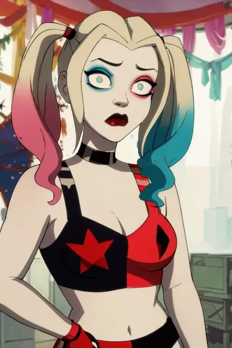 (8k uhd, masterpiece, best quality, high quality, barefoot , sit tied to a chair, full body, absurdres, ultra-detailed), 1girl, ((perfect eyes)), vivid colors, intense colors, cartoon style, harleyquinn, large breasts, cleavage, ((sad expression:1))