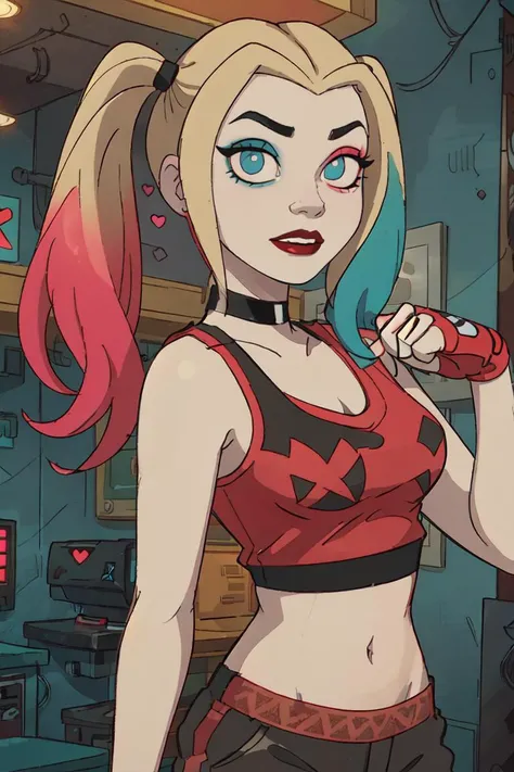 (Harley Quinn, harleyquinn:1.0), blonde pigtails with blue and pink ends, blue eyes, red lipstick, pink and blue eye shadow, heart on cheek, (half red and black crop top tank top, red and black underwear:1.2), sneakers with pom pom, black necklace, pale white skin, (full-body-shot:1), (Cowboy-shot:1.2),neon lighting, dark romantic lighting, (highly detailed:1.2),(detailed face:1.2), (gradients), colorful, detailed eyes, (detailed landscape:1.2), (natural lighting:1.2),(detailed background),detailed landscape, (cute pose:1.2), <lora:harleyquinn-10:0.6> <lora:add_detail:0.05> <lora:hipoly3DModelLora_v10:0.05> <lora:RSERomantic_RSESofiko_RSEEmma-v1:0.1> <lyco:coloredSkin-08:0>