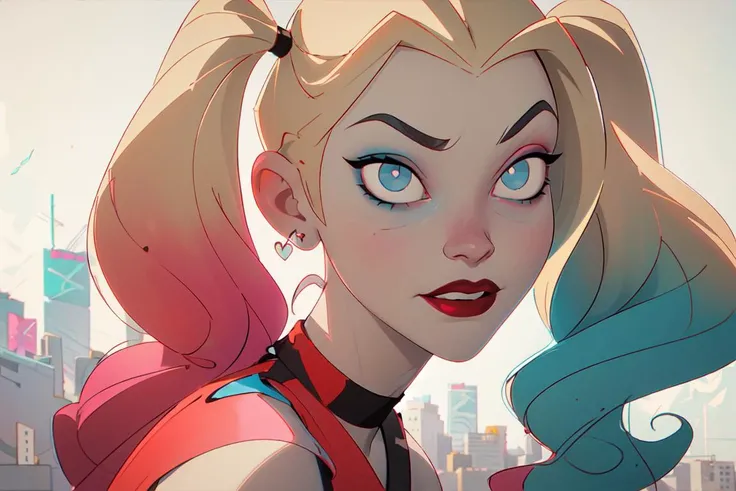(Harley Quinn, harleyquinn:1.0), blonde pigtails with blue and pink ends, blue eyes, red lipstick, pink and blue eye shadow, heart on cheek, red and black crop top tank top, red and black highwaisted shorts, sneakers with pom pom, black necklace, pale white skin, (Cowboy-shot:1.2),neon lighting, dark romantic lighting, (highly detailed:1.2),(detailed face:1.2), (gradients), colorful, detailed eyes, (detailed landscape:1.2), (natural lighting:1.2),(detailed background),detailed landscape, (dynamic pose:1.2), close up, full body, waist up <lora:harleyquinn-10:0.7> <lora:add_detail:0.05> <lora:hipoly3DModelLora_v10:0.05> <lora:RSERomantic_RSESofiko_RSEEmma-v1:0.1> <lyco:coloredSkin-08:0>
