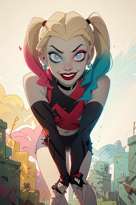 (Harley Quinn, harleyquinn:1.0), blonde pigtails with blue and pink ends, blue eyes, red lipstick, pink and blue eye shadow, heart on cheek, red and black crop top tank top, red and black highwaisted shorts, sneakers with pom pom, black necklace, pale white skin, (Cowboy-shot:1.2) (Full body shot:1.2),neon lighting, dark romantic lighting, (highly detailed:1.2),(detailed face:1.2), (gradients), colorful, detailed eyes, (detailed landscape:1.2), (natural lighting:1.2),(detailed background),detailed landscape, (dynamic pose:1.2), <lora:harleyquinn-10:0.7> <lora:add_detail:0.05> <lora:hipoly3DModelLora_v10:0.05> <lora:RSERomantic_RSESofiko_RSEEmma-v1:0.1> <lyco:coloredSkin-08:0>