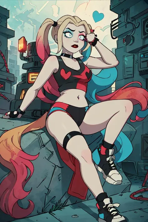 (Harley Quinn, harleyquinn:1.0), blonde pigtails with blue and pink ends, blue eyes, red lipstick, pink and blue eye shadow, heart on cheek, (half red and black crop top tank top, red and black underwear:1.2), sneakers with pom pom, black necklace, pale white skin, (full-body-shot:1), (Cowboy-shot:1.2),neon lighting, dark romantic lighting, (highly detailed:1.2),(detailed face:1.2), (gradients), colorful, detailed eyes, (detailed landscape:1.2), (natural lighting:1.2),(detailed background),detailed landscape, (cute pose:1.2), <lora:harleyquinn-10:0.6> <lora:add_detail:0.05> <lora:hipoly3DModelLora_v10:0.05> <lora:RSERomantic_RSESofiko_RSEEmma-v1:0.1> <lyco:coloredSkin-08:0>