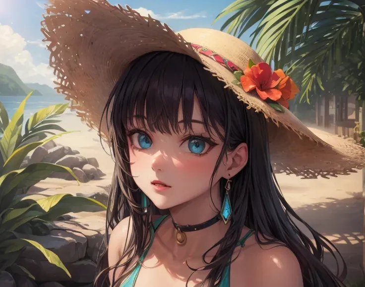 biopunk style illustration of a thin adult Gypsies woman, Turquoise eyes, Side-swept bangs, wearing (Tropical Island Escape: Maxi dress, floppy hat, and sandals.) BREAK (Solo Focus:1.3), (masterpiece:1.3), best quality, lineart, hyper extreme detailed, (upper body:0.3), detailed face, <lora:LORA-XenoDetailer-v2:0.3> <lora:realistic:0.25> <lora:sharpen-soften:0.25>