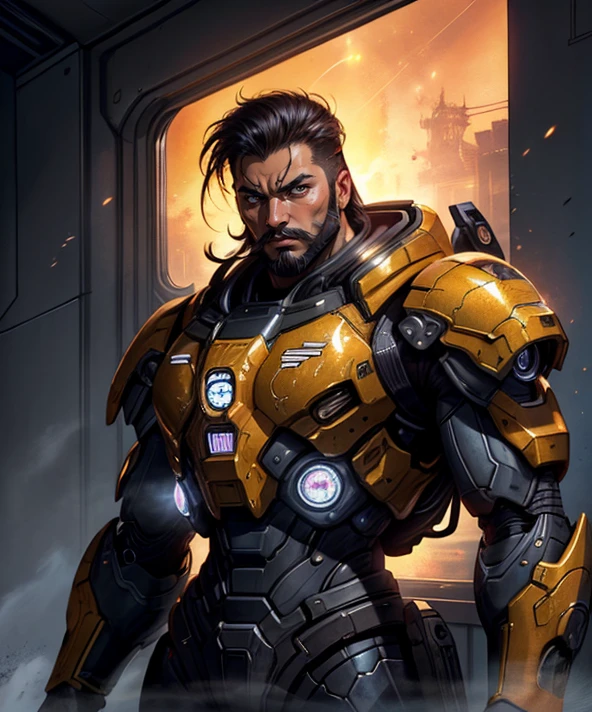 a man, GS-Masculine <lora:add_detail:0.5>, <lora:FZB_line_weights:0.8>, <lora:realistic:0.8>, <lora:sharpen-soften:0.1> <lyco:GoodHands-beta2:0.8>, Style-GravityMagic, cyborg portrait, (bloody scars:0.7), looking at viewer, solo, upper body, detailed background, close up, detailed face, (<lora:TerranAIv2:0.5>, TerranAI, starcraft theme:1.1), futuristic digital iron armor, light mobile armor, striped pattern, high-tech, batteries, head-up display, dynamic pose, epic galactic space station in background, flashes of light, neon lights, sparks, cinematic atmosphere,, (Japanese style ink drawing :1.3), Ink drawing, ink-wash, Japanese Style Ink Drawing, (caustics:1.3), Kazakh, profile view, side body view, full body view, looking up, in late twenties, angry, open mouth, yelling, textured crop haircut, Chin strap beard