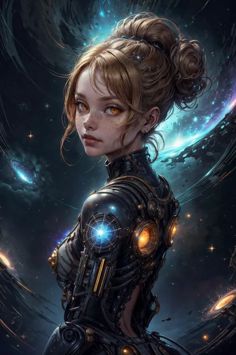 (best quality, masterpiece:1.2), photorealistic, thick outlines, strong shadows, <lora:add_detail:0.75>, <lora:sharpen-soften:0.25>, <lora:realistic:0.35>, <lora:kittew_v0.1:0.4>,
1 girl, adult (elven:0.7) woman, freckles, yellow eyes, medium brown bun hair,
(style-swirlmagic:0.7), portrait, solo, (full body:0.6), looking at viewer, detailed background, detailed face, (<lyco:PunkBundleAI:0.4>, valvepunkai, retro-futuristic theme:1.1) living star constellation, zodiac, horoscope, spiritual, virgo, geometric symbolism, interstellar power, stars, aura, symmetry, backlighting, cosmic space background, otherwordly esoteric atmosphere,
