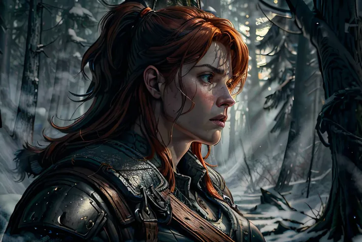 (best quality, masterpiece:1.2), 8k detailed cgi render, thick outlines, strong shadows, <lora:add_detail:0.75>, <lora:sharpen-soften:0.25>, <lora:realistic:0.35>, illustration of female k31r4sr0v2 as a muscular barbarian_woman, looking up, solo, (full body:0.6), detailed background, (<lora:GlowingRunesAIv4:0.6>, GlowingRunesAI_green, glowing runes theme:1.1), BREAK determined expression, focusing, dynamic pose, dark ages, BREAK raven symbol, in a dense scandinavian forest, filtered light, (darkness:0.8), dark storm clouds, epic scene composition, dark fantasy atmosphere <lora:Barbarian_woman:0.6>
