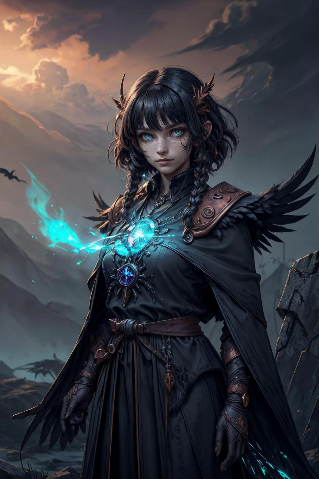 (best quality, masterpiece:1.2), 8k detailed cgi render, thick outlines, strong shadows, <lora:add_detail:0.75>, <lora:sharpen-soften:0.25>, <lora:realistic:0.35>, <lora:kittew_v0.1:0.4>,
1 girl, adult (elven:0.7) woman, freckles, turquoise eyes, copper beach waves hair,
solo, half shot, looking down, detailed background, detailed face, (<lora:SteamPunkBundleV3:0.5>, AetherpunkAI theme:1.1), raven-guardian, dark feathers, wearing tattered feathered robe, dark glowing raven amulet, stoic, standing, raven-themed markings, echoes of the past, ravens flying in background, cobwebs in background, dusk, volumetric lighting, stormclouds gathering, mystical atmosphere,