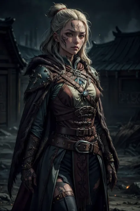 (best quality, masterpiece:1.2), photorealistic, thick outlines, strong shadows, <lora:add_detail:0.75>, <lora:sharpen-soften:0.25>, <lora:realistic:0.35>, <lora:kittew_v0.1:0.4>,
1 girl, adult german woman, dark brown eyes, yellow shag hair,
solo, half shot, looking down, detailed background, detailed face, (<lora:MongolPunkAI:0.6>, MongolPunkAI, mongolian theme:1.1), witcher, monster slayer, wearing red studded witcher armor, rough, bruises, tattered cloak belts, glowing tattoos, magic-infused, mystical symbol in background, intesne anticipation, magical aura, bokeh, dark atmosphere,