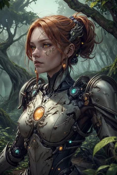 (best quality, masterpiece:1.2), photorealistic, thick outlines, strong shadows, <lora:add_detail:0.75>, <lora:sharpen-soften:0.25>, <lora:realistic:0.35>, <lora:kittew_v0.1:0.4>,
1 girl, adult (elven:0.7) woman, freckles, yellow eyes, ginger hair flaps,
portrait, solo, upper body, looking at viewer, detailed background, detailed face, (<lora:NeoFuturisticTech-20:0.6>, sleek, neotech theme:1.1) verdant-knight, tree themed armor, mixing of flowers with armor, metal armor, vines creeping on armor, green magical lights, serene, tree symbols, magical tattoos, mystical energy radiating, overgrown treesfloating particles, ruined forest hut left to crumble in background, mist, atmospheric lighting, ethereal atmosphere,