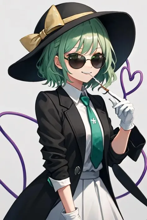 best quality, masterpiece, highres, solo, {black business suit:1.40}, {tie:1.20}, {sunglasses:1.25}, {white gloves:1.15}, {white shirt:1.10}, {black skirt:1.15}, {smoking:1.20}, handsome, {komeiji_koishi_touhou:1.15}, third_eye, hat, green_eyes, black_headwear, short_hair, green_hair, ribbon, smile, bow, upper_body, heart, bangs, hat_ribbon, hat_bow, hair_between_eyes