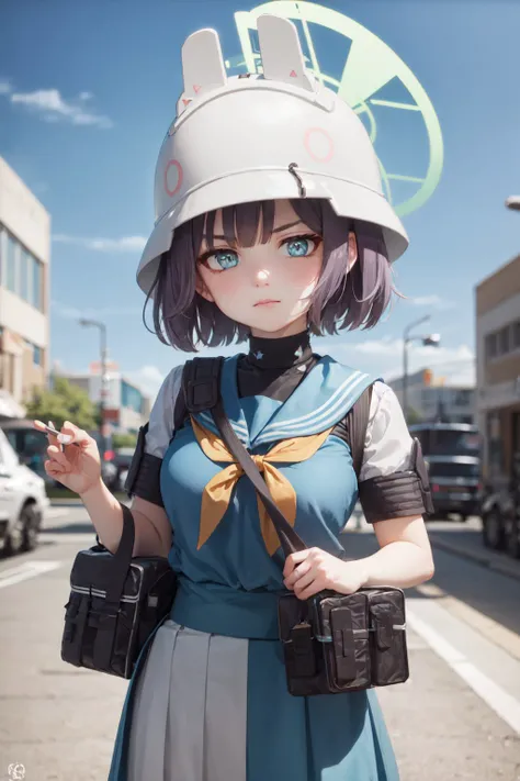 (masterpiece, best quality:1.2), <lora:ba_saki-10:1>, cowboy shot, solo, 1girl, saki \(blue archive\), expressionless, closed mouth, looking at viewer, helmet, halo, school uniform, serafuku, yellow neckerchief, pleated skirt, shoulder bag