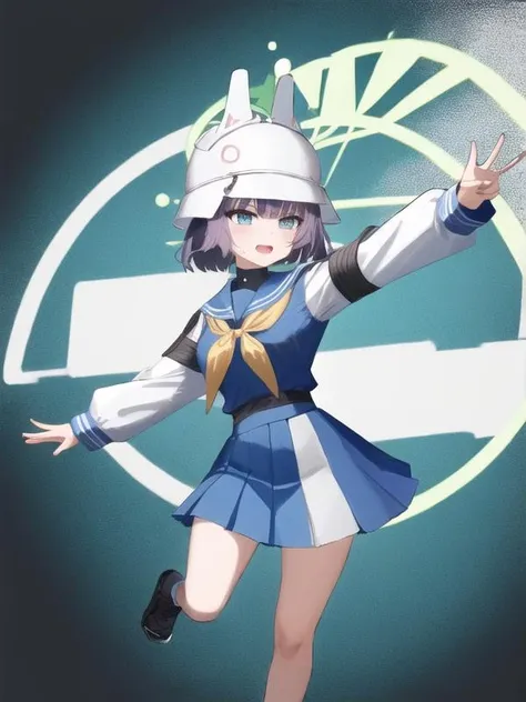<lora:ba_saki:1> saki \(blue archive\), halo, purple hair, blue eyes, helmet, school uniform, serafuku, yellow neckerchief, long sleeves, pleated skirt, half body, dynamic pose