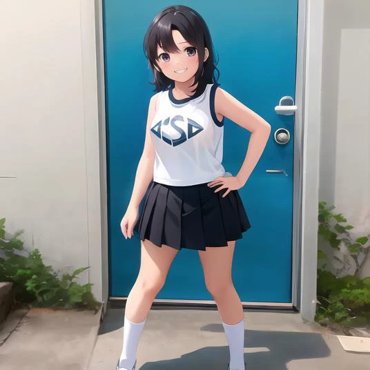 1girl, standing, iesk, white shirt, sleeveless, (black skirt), socks, logo on shirt that reads "iesk", full body, <lora:iesk-05:0.9>, smiling