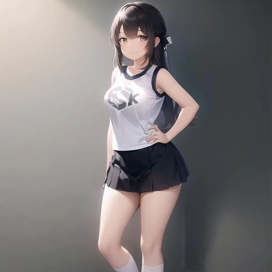 1girl, standing, iesk, white shirt, sleeveless, (black skirt), socks, logo on shirt that reads "iesk", full body, <lora:iesk-05:0.9>, smiling