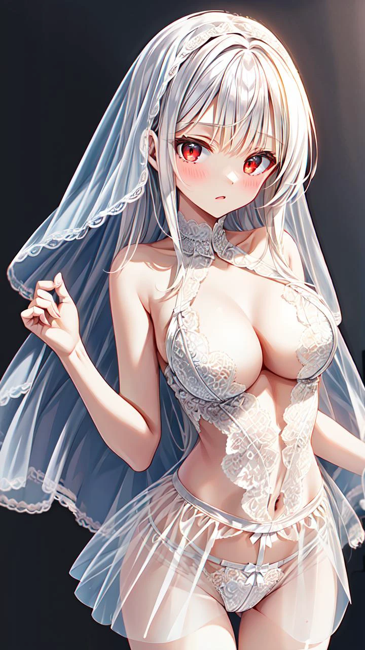 masterpiece,best quality,highres,illustration,hyper detailed,8k cg wallpaper,ray tracing,((white hair:1.2)),((long hair:1.2)),((red eyes:1.2)),((straight hair:1.3)),medium breasts,(hiten1:0.8),<lora:add_detail:1>,((1girl:1.2)),bridal veil,((white lace bridal lingerie:1.1)),cleavage,cleavage cutout,bare shoulders,bare arms,((white lace panties:1.1)),((short see-through skirt:1.1)),<lora:sexy_bridal_lingerie:0.8>,cowboy shot,simple background,