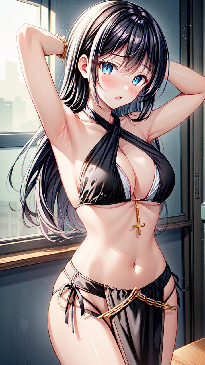 masterpiece,best quality,highres,illustration,hyper detailed,8k cg wallpaper,ray tracing,((black hair:1.2)),((long hair:1.2)),((blue eyes:1.2)),((straight hair:1.3)),medium breasts,(hiten1:0.8),<lora:add_detail:1>,1girl,((black criss-cross bikini:1.2)),halterneck,((black pelvic curtain:1.1)),black thongs,cleavage,bare shoulders,bare arms,stomach cutout,navel,chains,large breasts,thighs,black sandals,<lora:sexy_female_warrior_suit:0.8>,((arms up:1.2)),((bound wrists:1.2)),((full-face blush:1.2)),