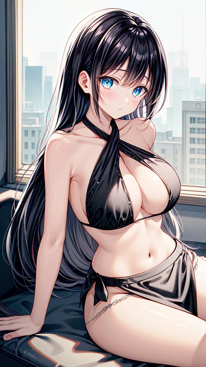masterpiece,best quality,highres,illustration,hyper detailed,8k cg wallpaper,ray tracing,((black hair:1.2)),((long hair:1.2)),((blue eyes:1.2)),((straight hair:1.3)),medium breasts,(hiten1:0.8),<lora:add_detail:1>,1girl,((black criss-cross bikini:1.2)),halterneck,((black pelvic curtain:1.1)),black thongs,cleavage,bare shoulders,bare arms,stomach cutout,navel,chains,large breasts,thighs,black sandals,<lora:sexy_female_warrior_suit:0.8>,((sitting:1.2)),((arm support:1.1)),